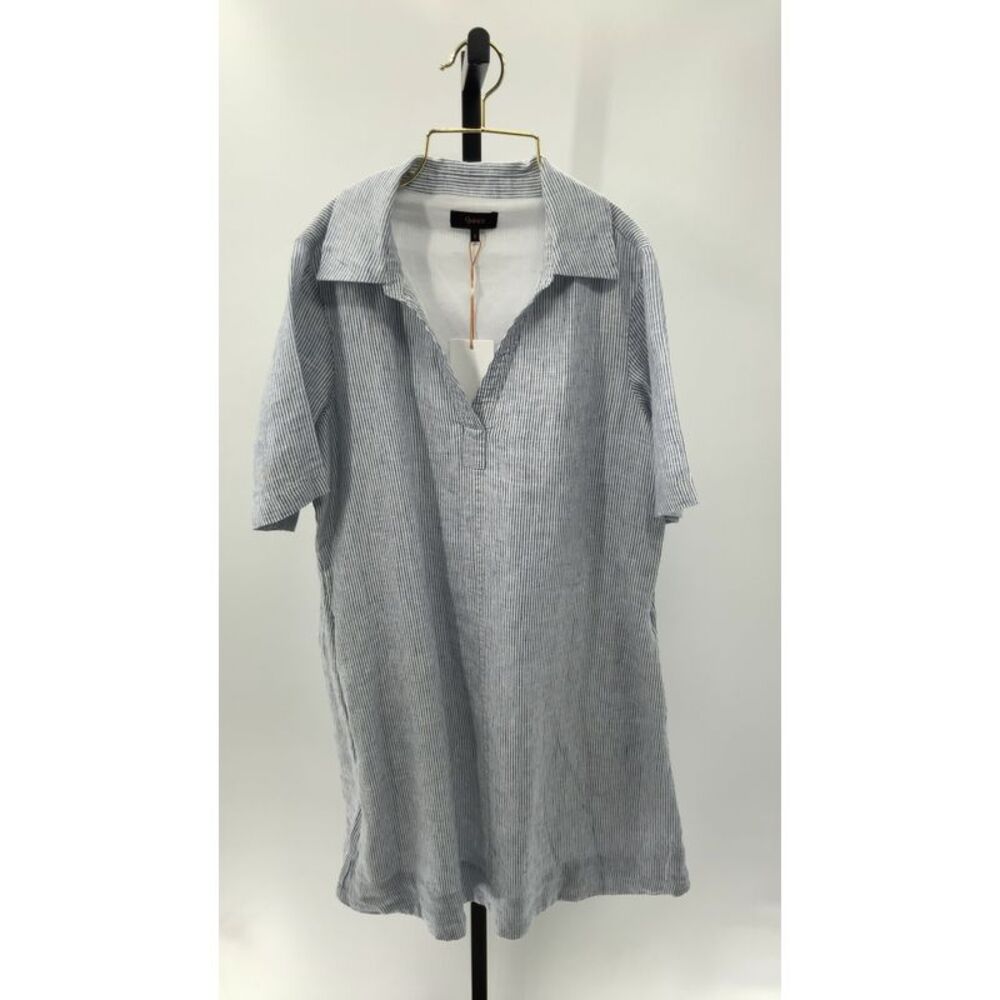 Quince Womens European Linen Popover Mini Dress Blue Pinstripe Basic Sleeved S